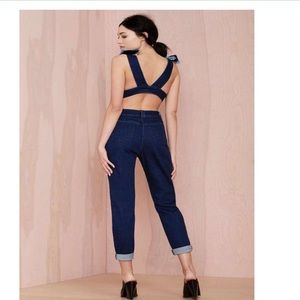 ✨Super sexy open back bow shoulders denim overall✨